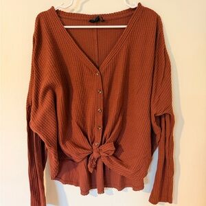 Urban Outfitters Rust Button-Front Waffle Tie Hem Top